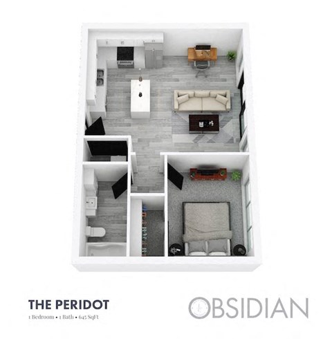 Floor plan for 1 bed, 1 bath, 645 sqft